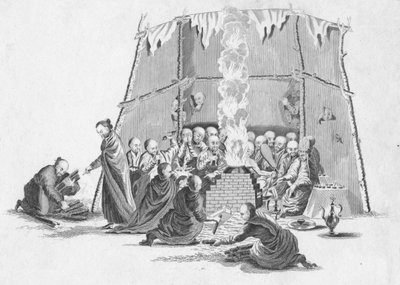 Verbrennung des toten Körpers eines Lama, um 1802 von Unbekannt