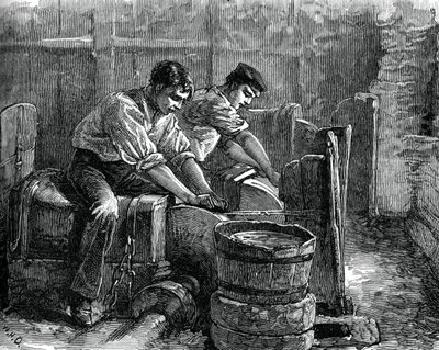 Schleifer bei der Arbeit an einem Rad, ca. 1880 von Unbekannt