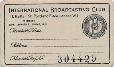 International Broadcasting Club: Mitgliedskarte, um 1930er Jahre von Unbekannt