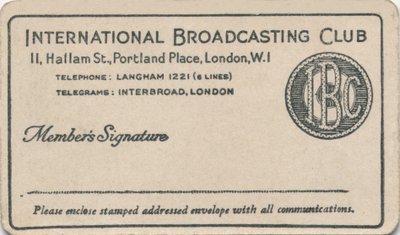 International Broadcasting Club: Mitgliedskarte, ca. 1930er Jahre von Unbekannt