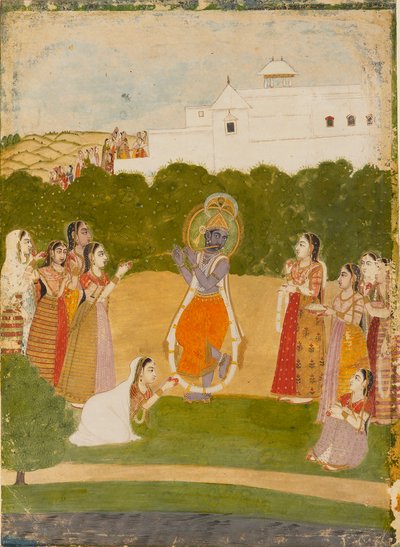 Krishna neben einem Fluss, der Flöte spielt, ca. 1720 von Unbekannt