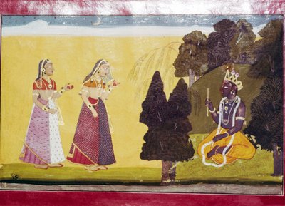 Krishna mit Flöte, von zwei Damen angesprochen von Unbekannt