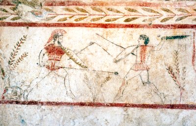 Männer kämpfen mit Speeren, Paestum, 4. Jahrhundert v. Chr. von Unbekannt
