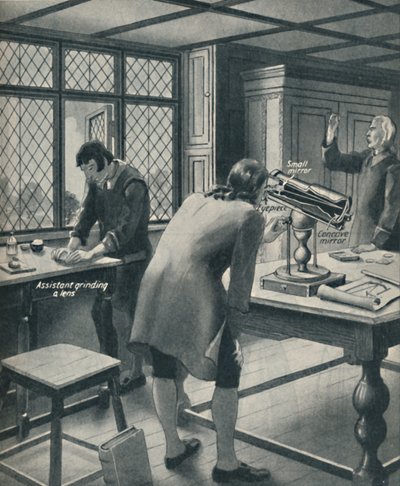 Newton erfindet ein neues Teleskop, um 1934 von Unbekannt