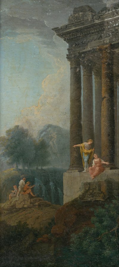 Romantische Landschaft mit antiker Ruine und Staffage von Unbekannt