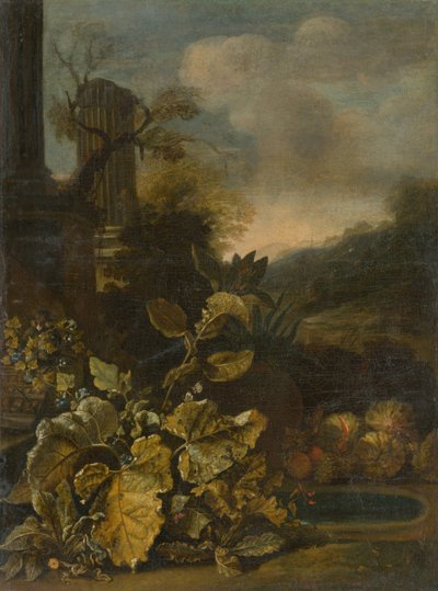 Romantische Landschaft mit Stillleben und antiker Säule von Unbekannt