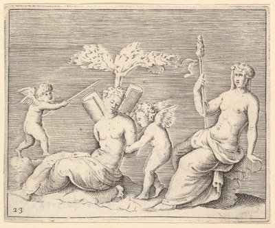 Zwei Frauen und zwei Cupidos, veröffentlicht ca. 1599-1622 von Unbekannt