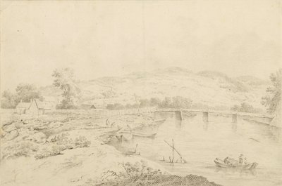 Landschaft am Fluss, mit Brücken und Booten von Unbekannter Künstler