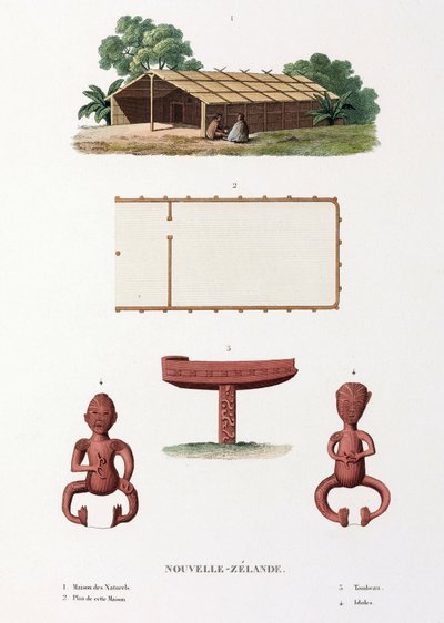 Maori-Haus und Idole, Neuseeland von Unbekannt