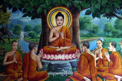 Tempelfresko, das Buddha mit Jüngern darstellt. Kambodscha von Unbekannt