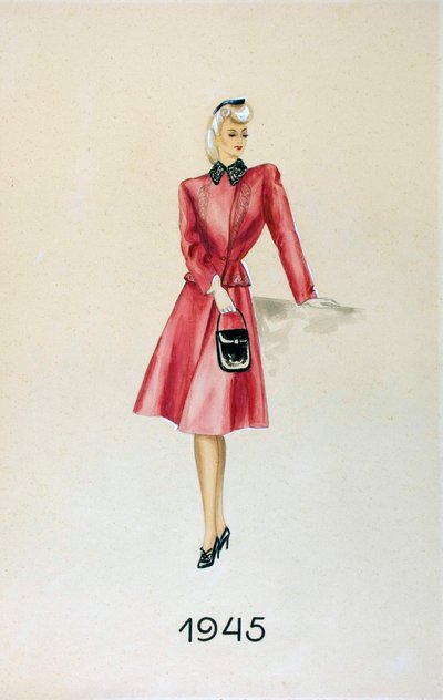 Modell in einem Anzug, eine Handtasche haltend, 1945 von Unknown