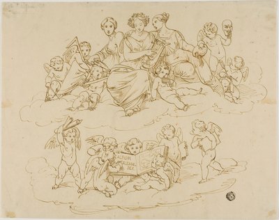 Die drei Musen (Urania, Terpsichore und Thalia) mit Putti von Unknown