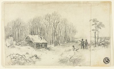 Waldhütte mit herannahenden Jägern von Unknown