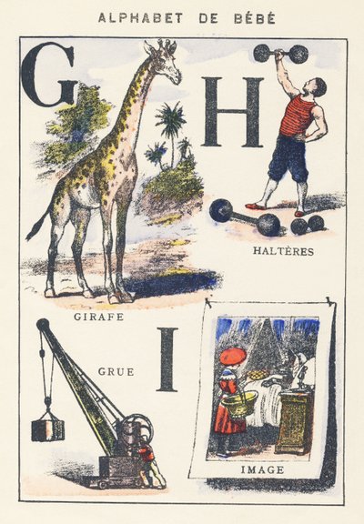 G H I: Giraffe, Kran, Hanteln, Bild von Unknown artist