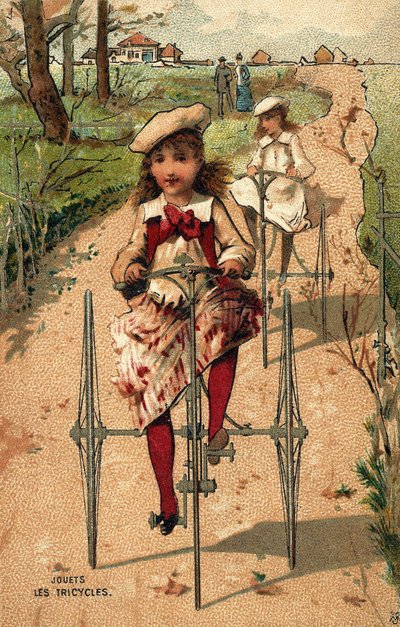 Kleine Mädchen fahren Dreirad. Chromolithographie um 1890 von Unknown artist