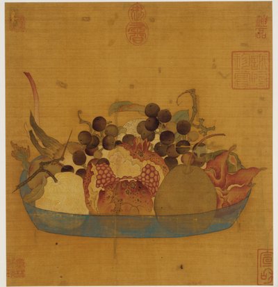 Eine blaue Glasschale gefüllt mit Obst von Unknown artist