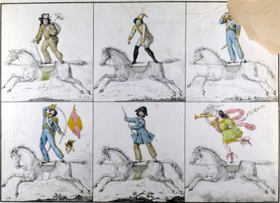 Akrobatik: Akrobatische Übungen zu Pferd. Gravur von Unknown artist