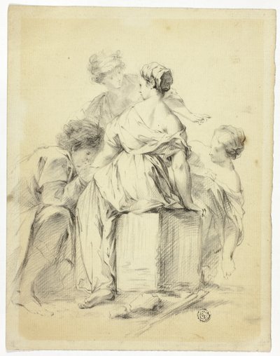 Werbeszene mit einem Jüngling und drei Mädchen von Unknown artist