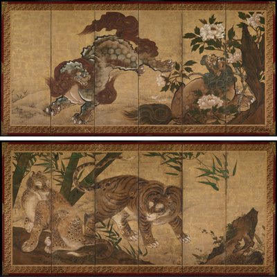 Löwen und Tiger in Pfingstrosen und Bambus von Unknown artist