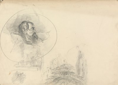 Mann mit Kapuze und Landschaft von Unknown artist