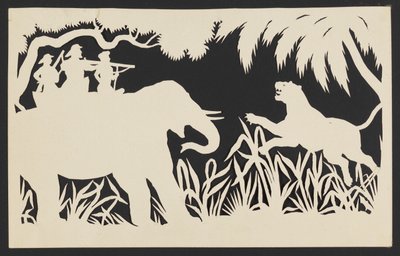 Männer, die von einem Elefanten aus auf einen Tiger schießen von Unknown artist