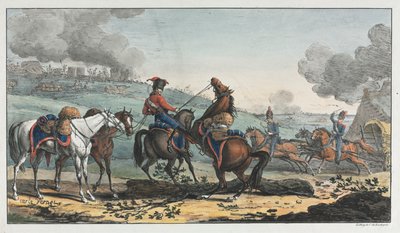 Berittener Artillerist führt drei Pferde von Unknown artist