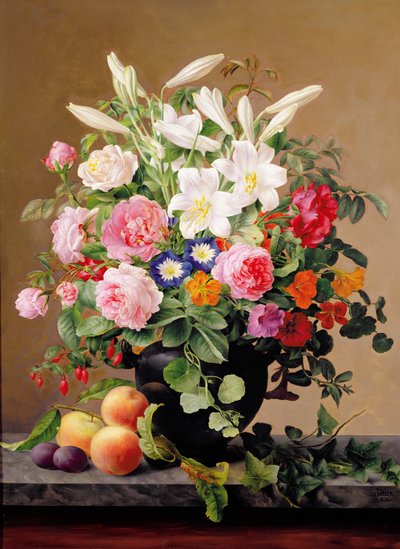 Stillleben mit Blumen und Früchten von V. Hoier