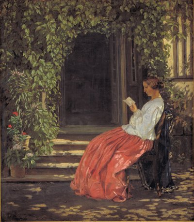 Lesende Dame vor einer Gartentür von Vilhelm Kyhn