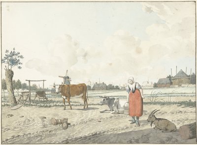 Landschaft mit Bäuerin und Vieh von W. Barthautz