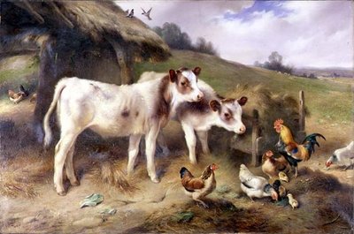 Kälber und Geflügel vor einer Scheune von Walter Hunt