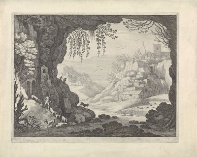 Aussicht auf Landschaft aus einer Höhle von Willem van Nieulandt (II)