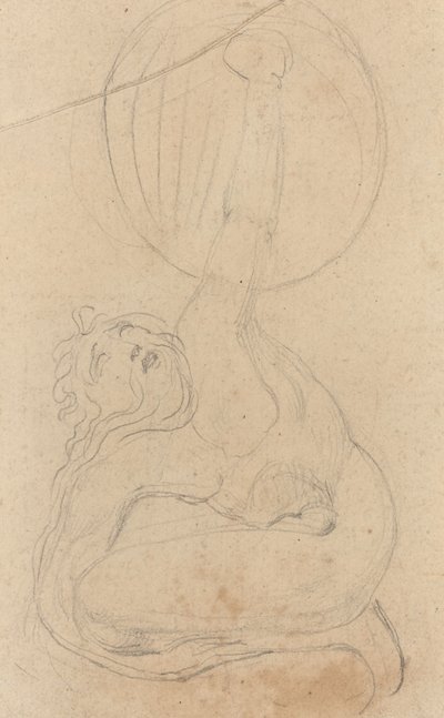 Eine kauernde Figur, die ein Schild hält von William Blake