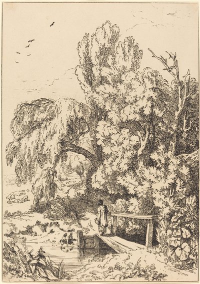 Landschaft mit Bäumen, Mädchen überquert Fußbrücke von William Havell