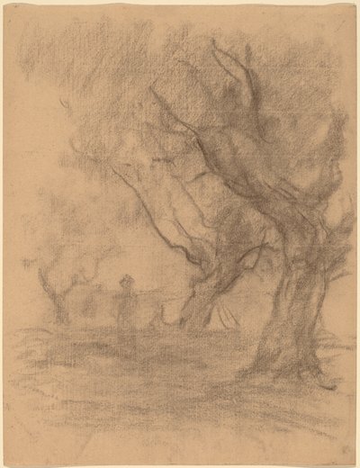 Frau steht unter zwei Bäumen von William Morris Hunt