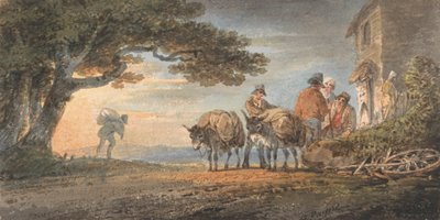 Fahrer und Esel ruhen sich bei Sonnenuntergang aus von William Payne