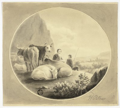Hirten, Kühe und Schafe in der Landschaft von William Pether