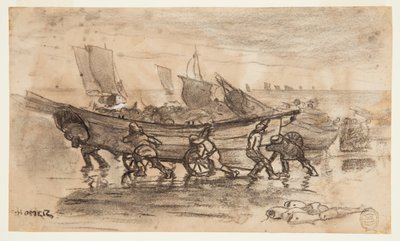 Fischer, die ein Dory an Land ziehen, Cullercoats, England von Winslow Homer