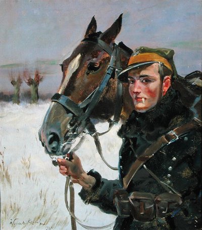 Soldat mit einem Pferd von Wojciech Kossak