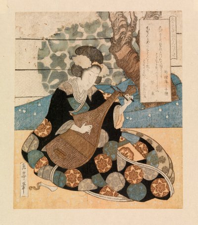 Dame spielt ein Instrument, ca. 1804-40 (Farbholzschnitt) von Yashima Gakutei