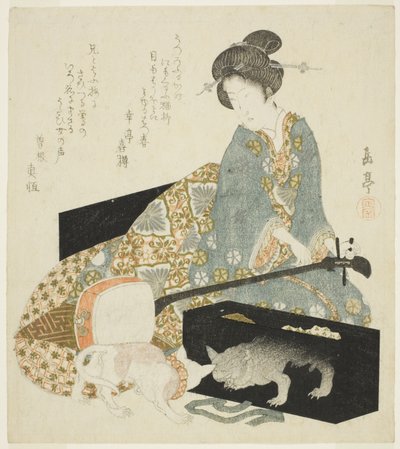 Frau mit Shamisen und Katze von Yashima Gakutei