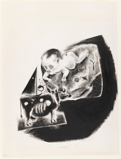 Baby und Spielzeugkuh von Yasuo Kuniyoshi