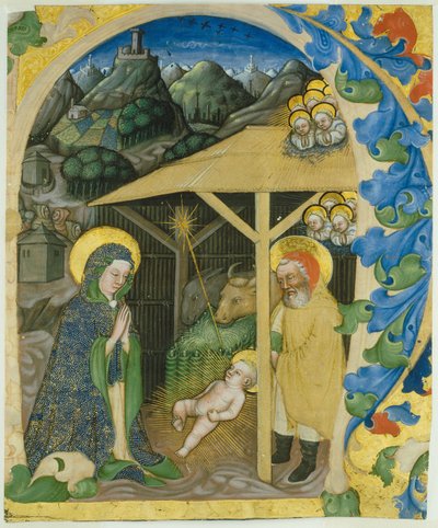Geburt in einem Initial H von Zanino di Pietro