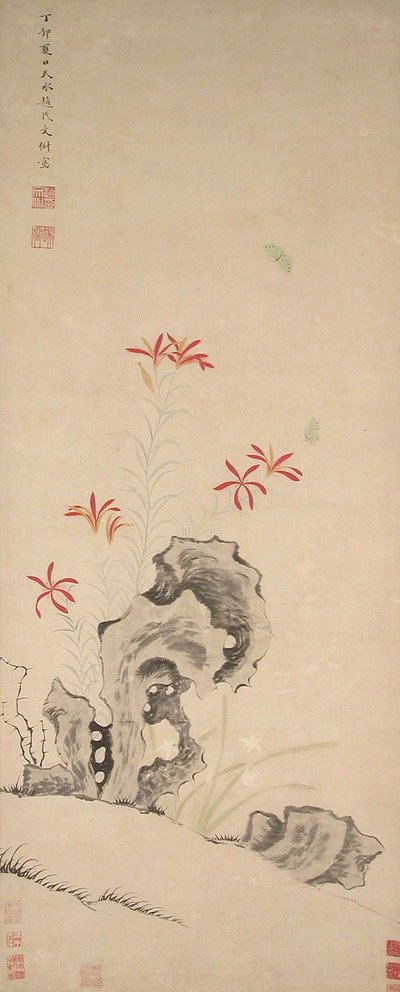 Felsen, Tigerlilie und Orchidee, datiert 1627 von Zhao Wenchu