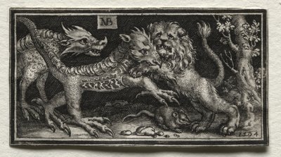 Löwe kämpft gegen zwei Bestien von attributed to Tobias Stimmer
