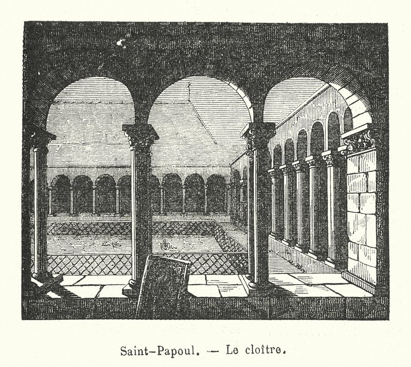 Saint-Papoul, Der Kreuzgang (Gravur) von (after) French School