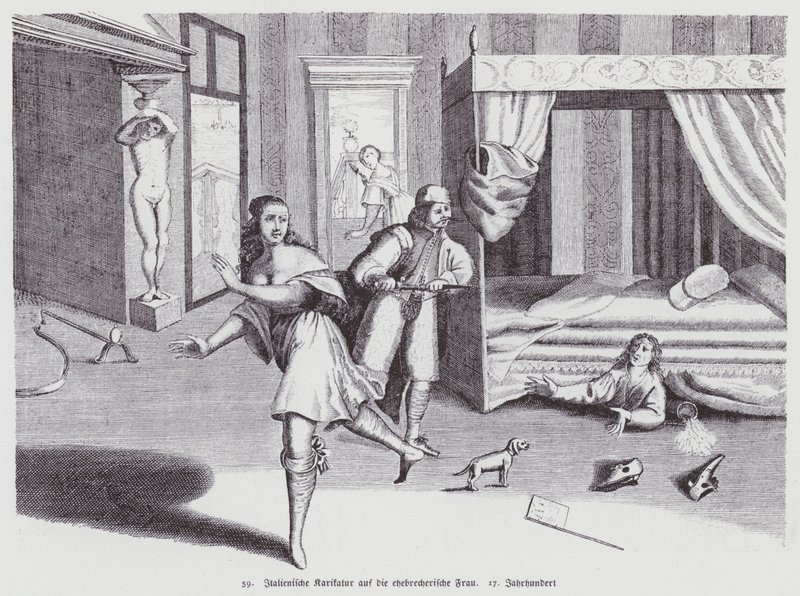 Italienische Karikatur über die ehebrecherische Frau von (after) Italian School