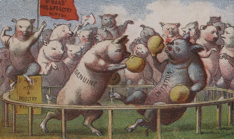 Amerikanische Werbekarte für Dr. Haas Schweine- und Geflügelmittel von American School