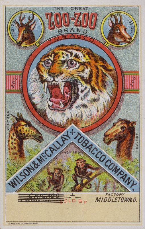 Amerikanische Werbekarte für Zoo-Zoo Tabak von American School