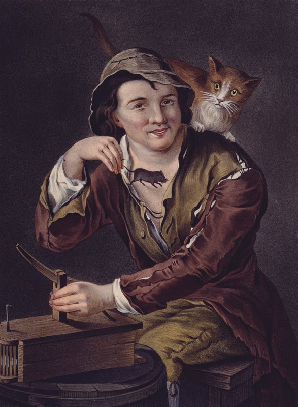 Mäusefänger mit seiner Falle und Katze von European School