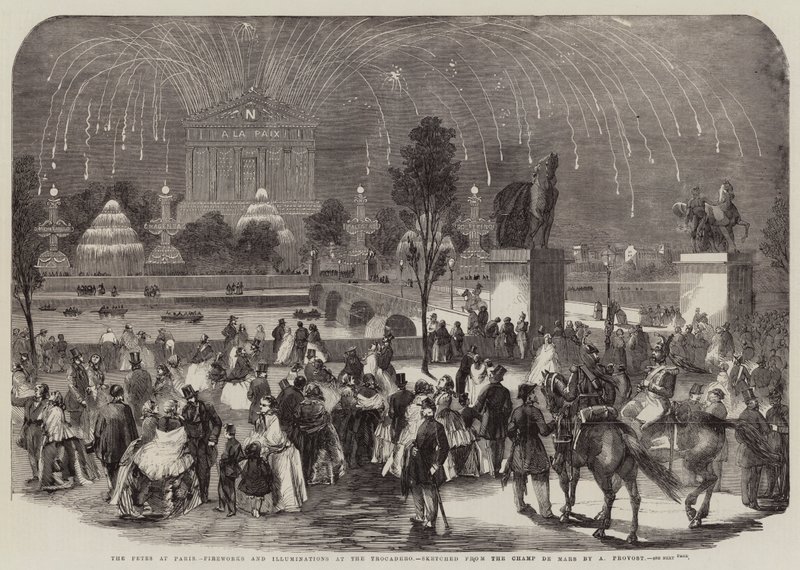 Die Feste in Paris, Feuerwerk und Beleuchtung am Trocadero, skizziert vom Champ de Mars von A Provost